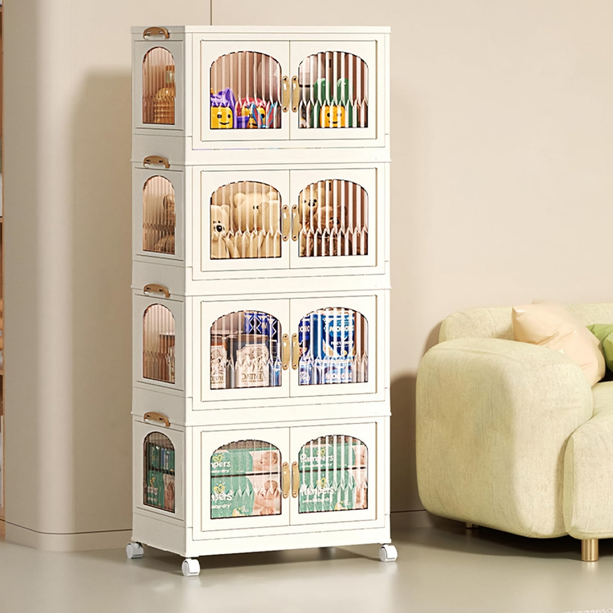 4-Tier Stackable Storage Cabinet, Portable Collapsible Container Box with Wheels for Home, Kitchen, Bathroom, Office - YT7013 4-Tier Stackable Storage Cabinet, Portable Collapsible Container Box with Wheels for Home, Kitchen, Bathroom, Office - YT7013